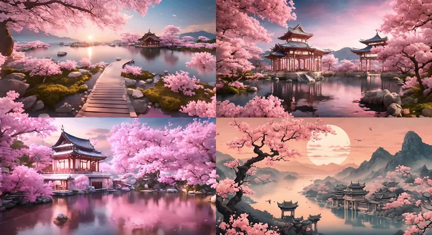 粉色樱花中式建筑背景盛开鲜花