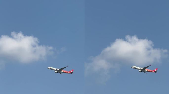 4K飞机从天空飞过/蓝天/四川航空/空镜