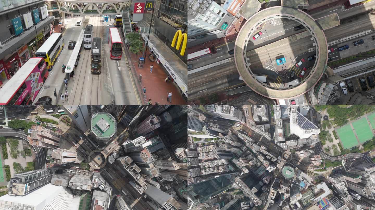 香港城市街道航拍电车斑马线