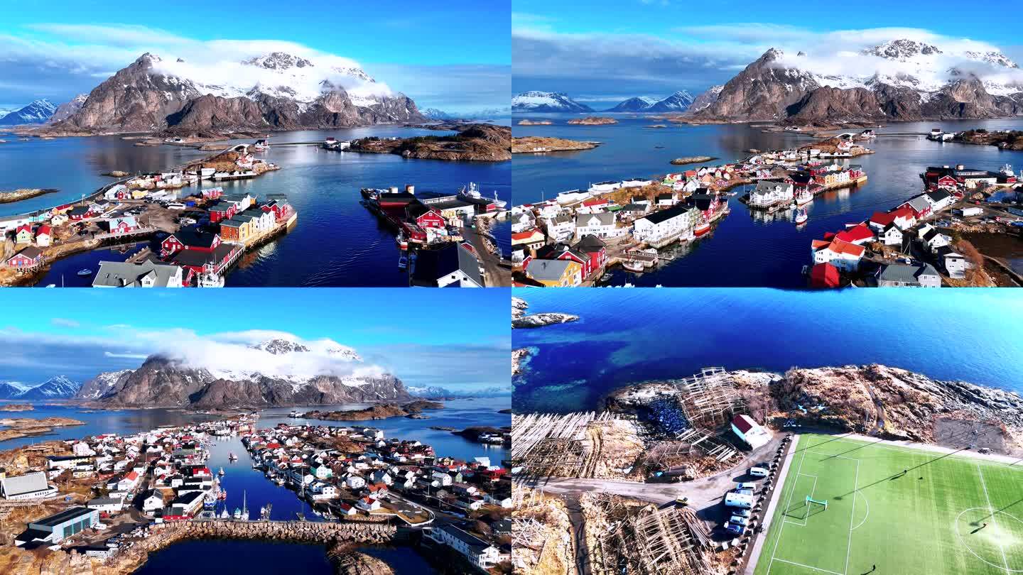4K航拍挪威亨宁斯维尔小镇自然风光