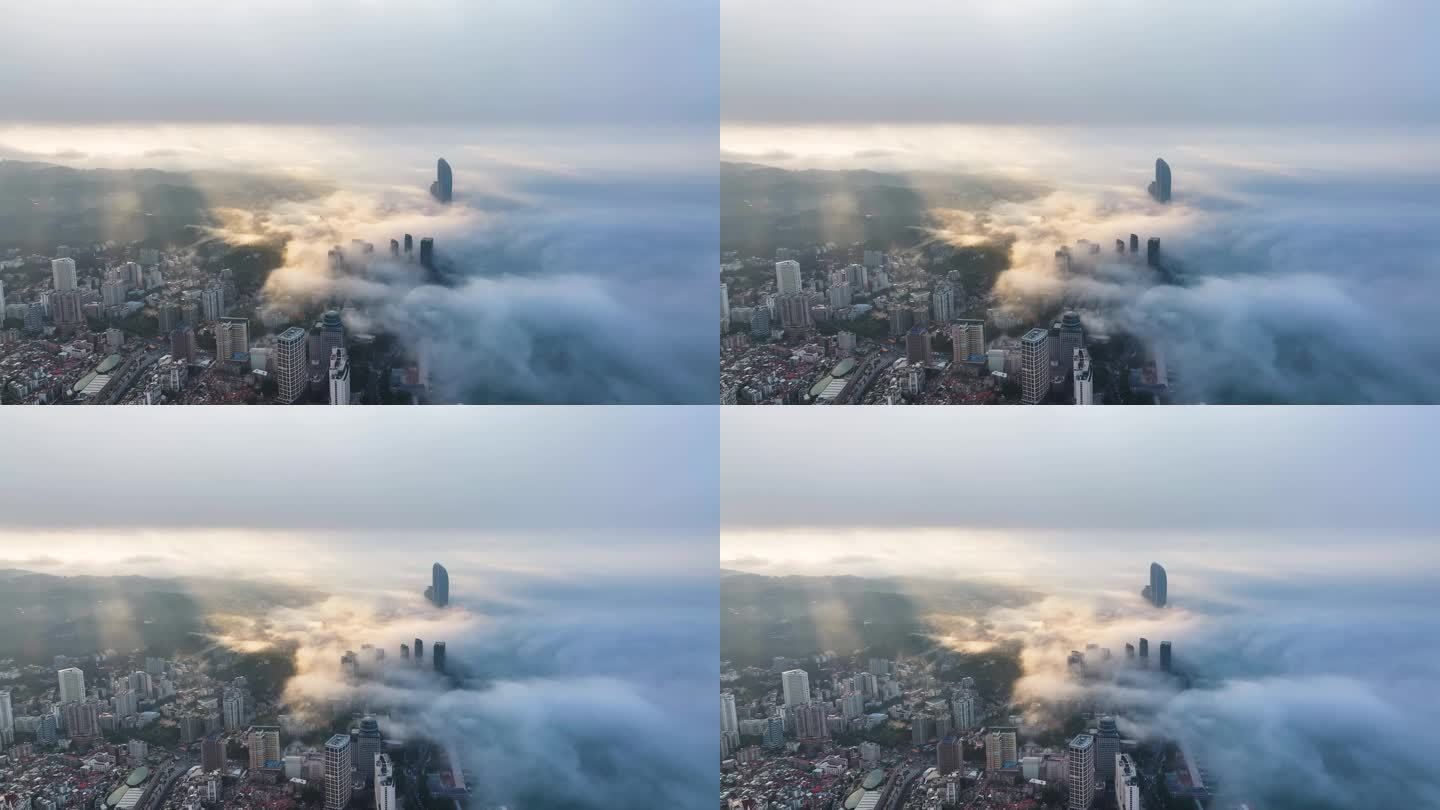 厦门清晨双子塔平流雾4K航拍