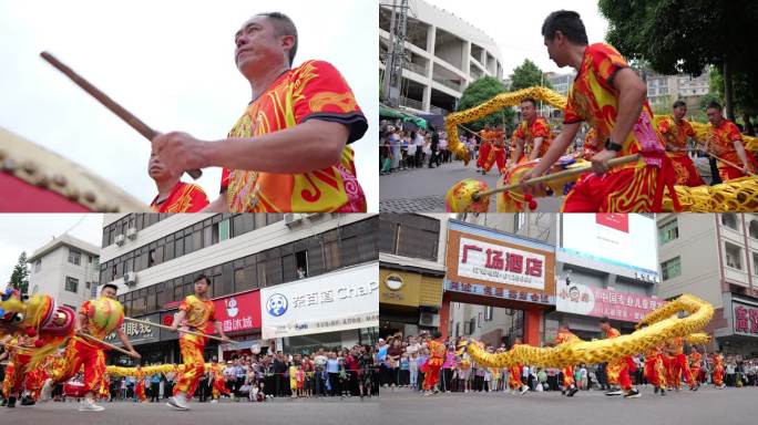 中华传统敲鼓 舞龙街头表演