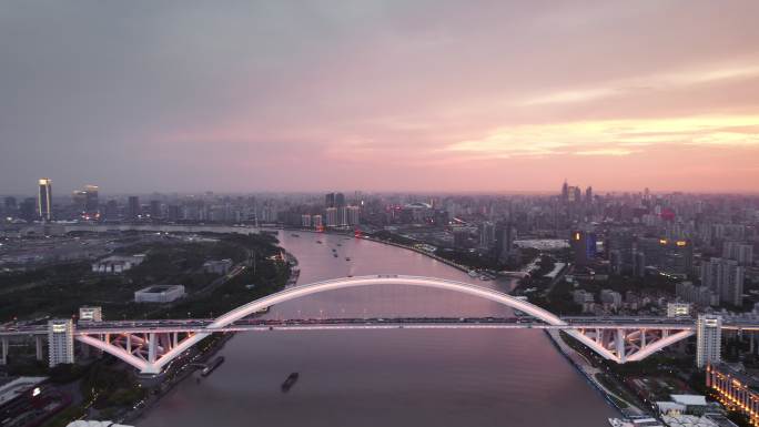 上海卢浦大桥日落晚霞夜景车流航拍长镜头