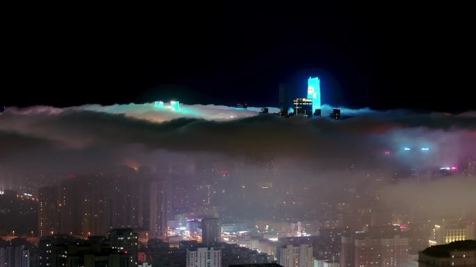 青岛市区平流雾夜景航拍
