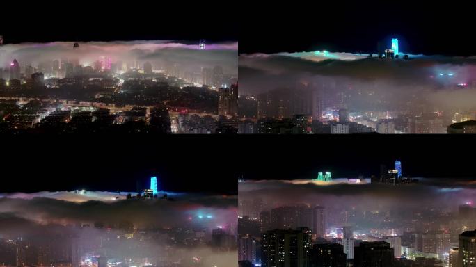 青岛市区平流雾夜景航拍