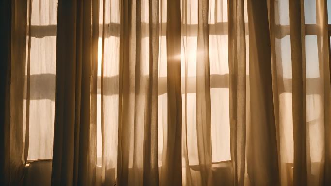 窗户上的透明窗帘，随风轻轻飘动。阳光