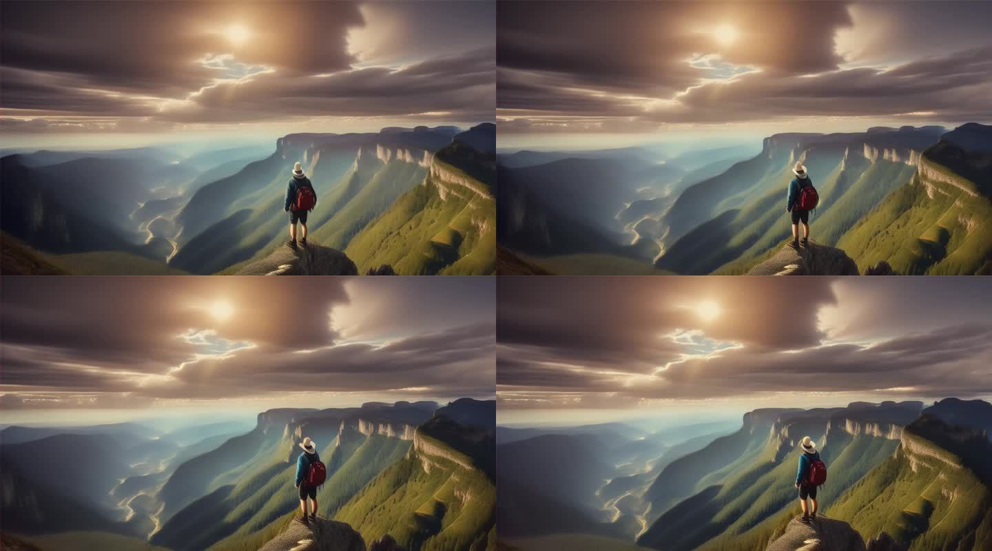 油画版一个人站在高山上