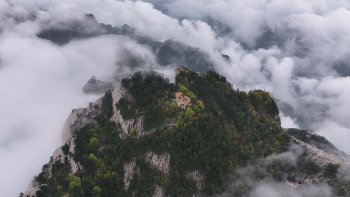 航拍渭南华阴地标华山晚霞日落火烧云云海