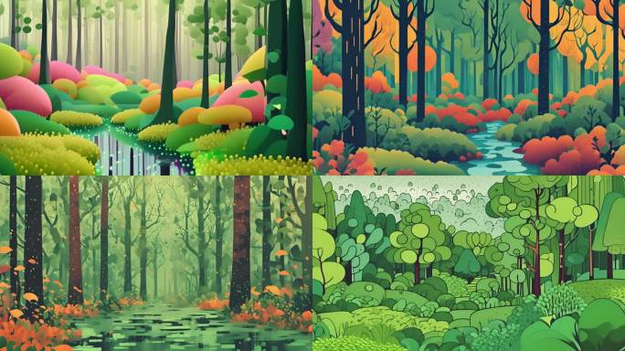 平面插画风格自然风景树林清明