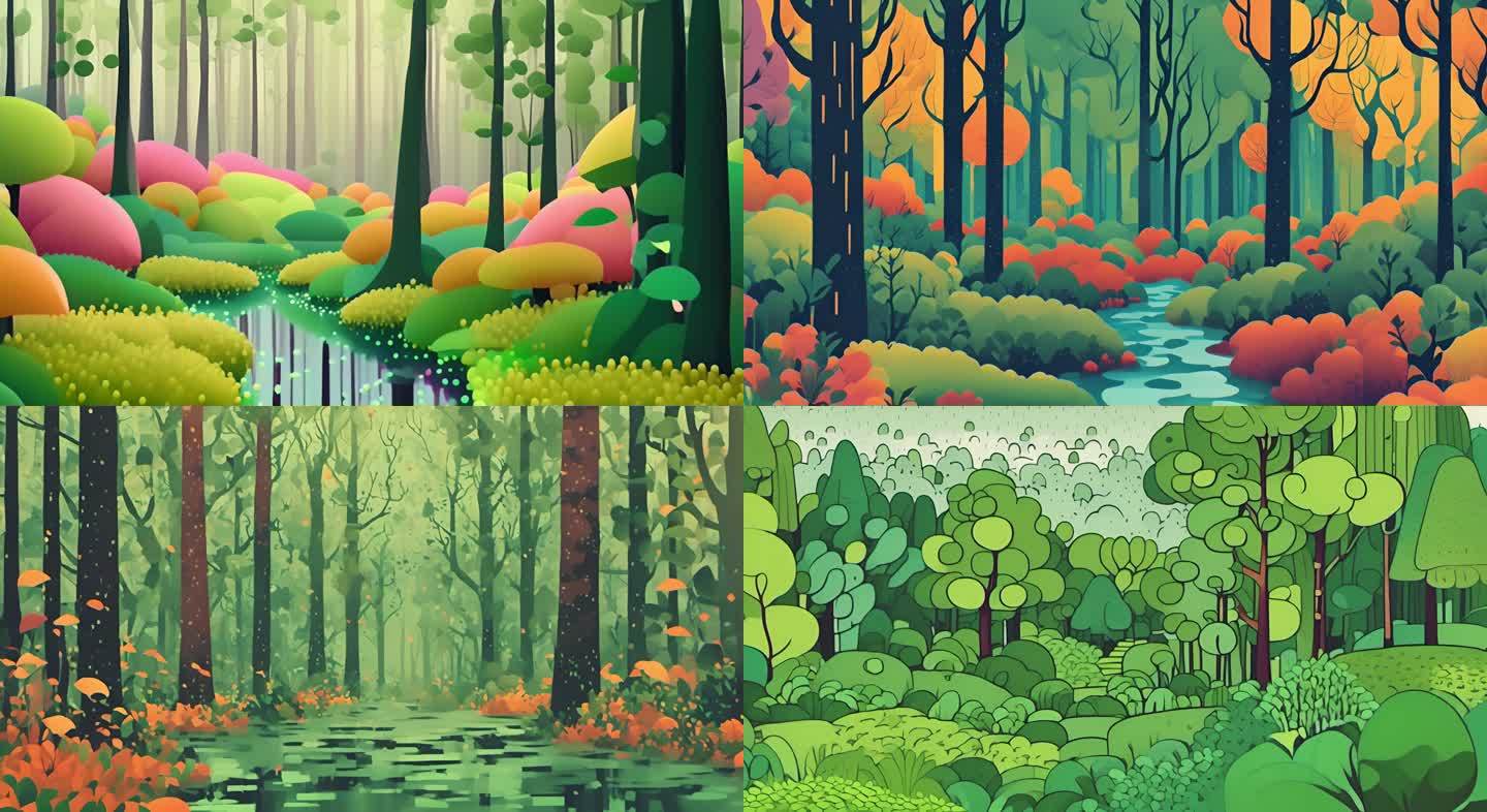 平面插画风格自然风景树林清明