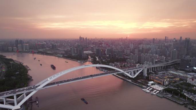 上海卢浦大桥日落晚霞夜景车流航拍长镜头