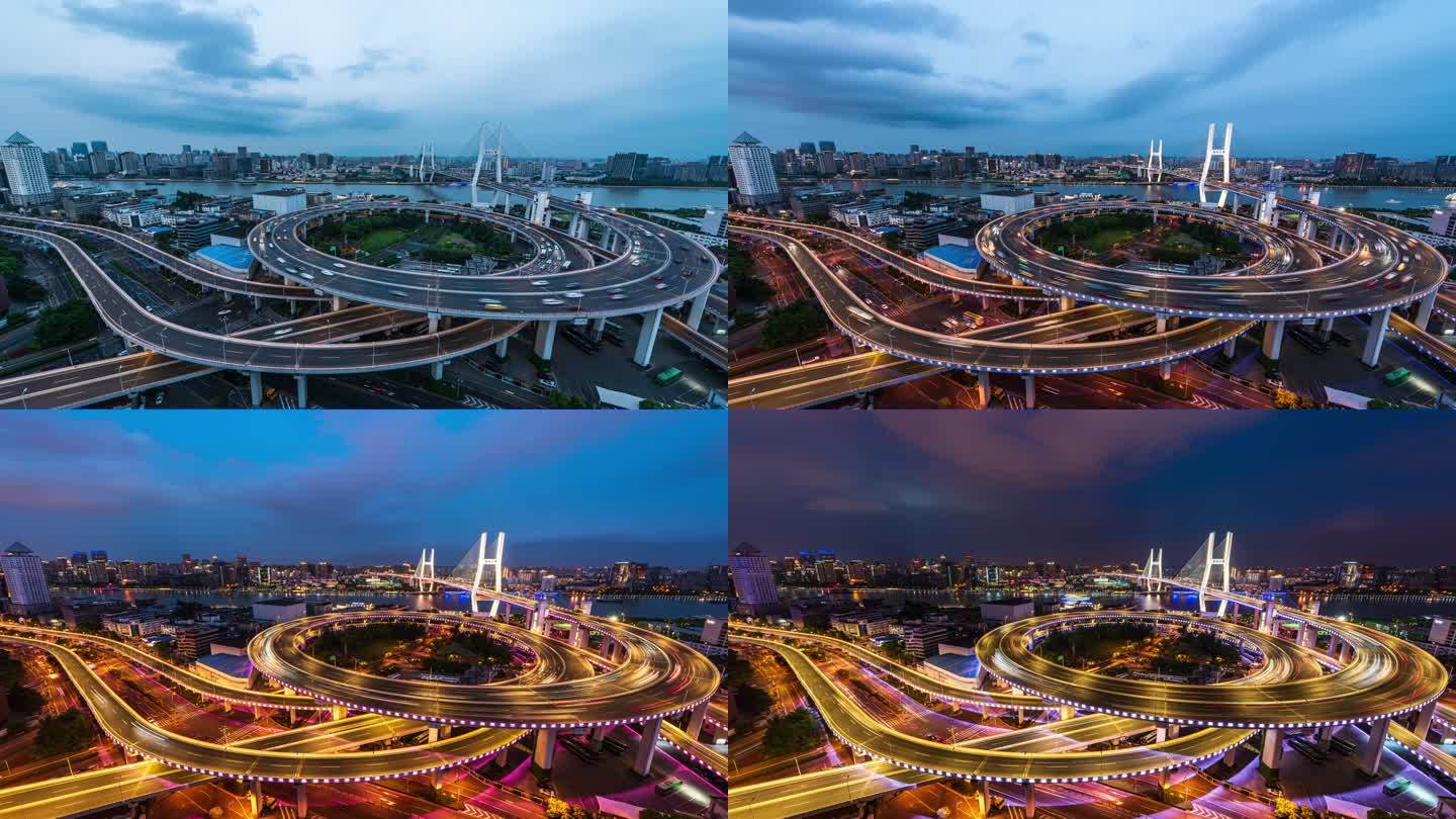 上海南浦大桥全景车流日转夜延时