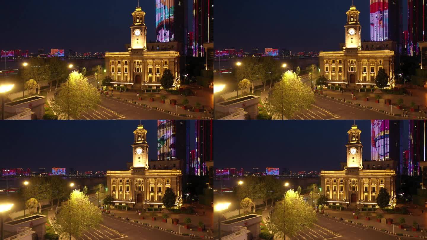 航拍武汉地标历史建筑江汉关钟楼街景夜景