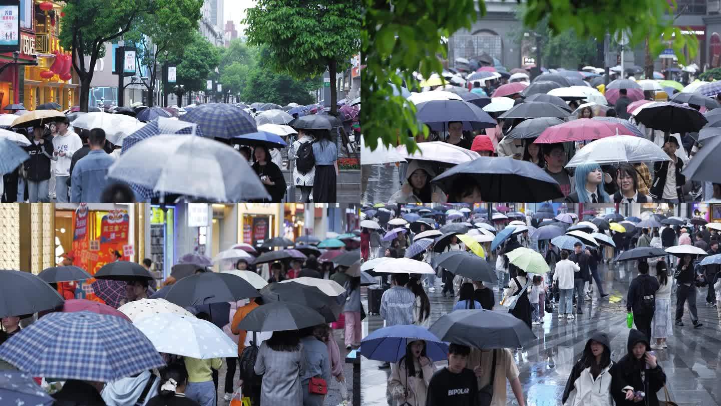 4K街道下雨天打伞人群