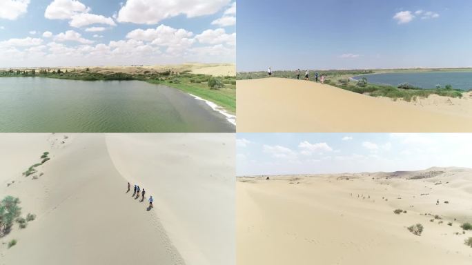 沙漠绿洲航拍 孩子徒步穿越沙漠 研学之旅
