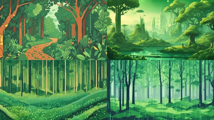 春季青色树木插画风格背景视频