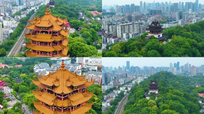 武汉黄鹤楼航拍湖北武昌区地标建筑城市风景