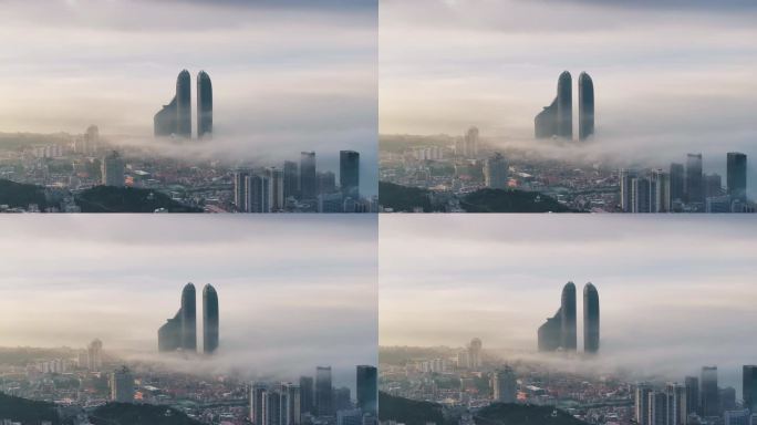 厦门清晨双子塔平流雾4K航拍