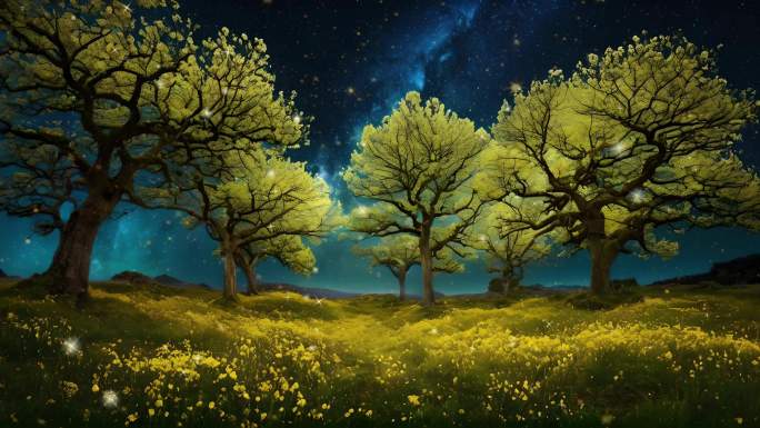 梦幻星空下的发光树木与草丛视频素材