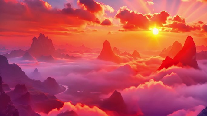 太阳升起耀眼光芒云层山脉流动梦幻仙境2