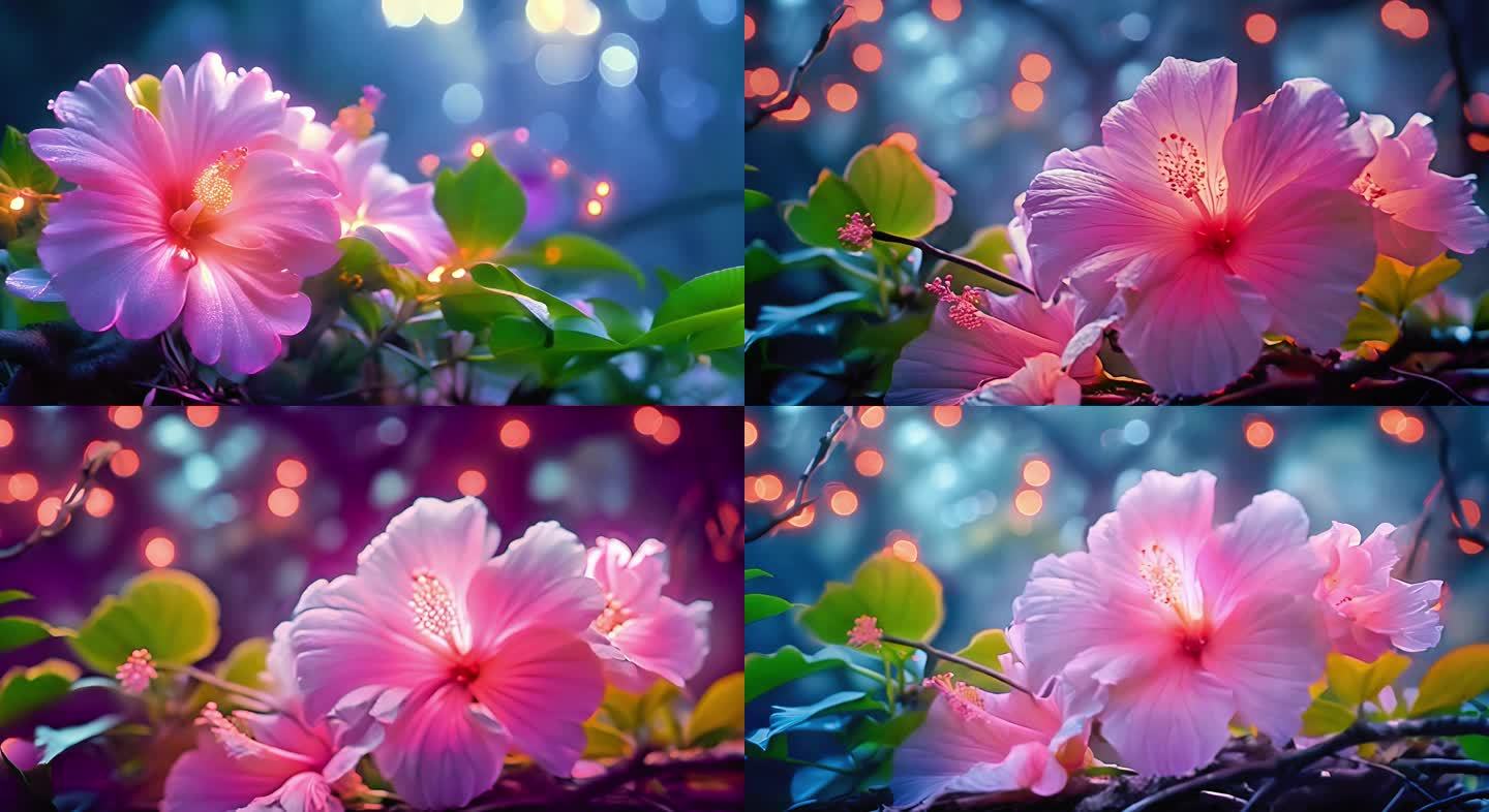 紫荆花夜晚绽放唯美意境夜景花朵氛围素材
