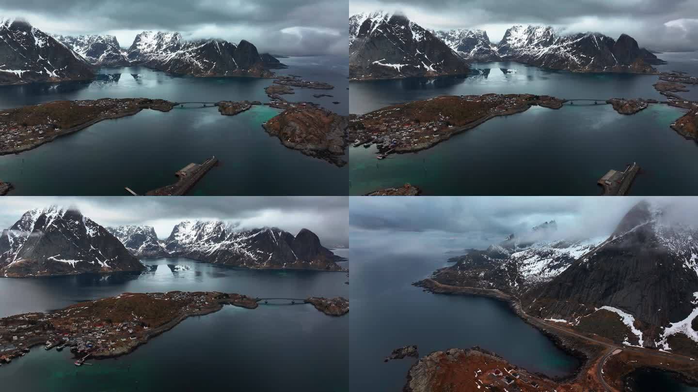 4K航拍挪威罗弗敦群岛雪景风光