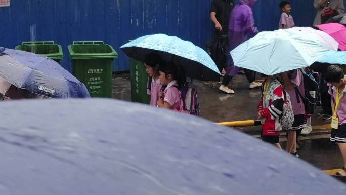 下雨天小学生雨伞家长冒雨接孩子实拍视频