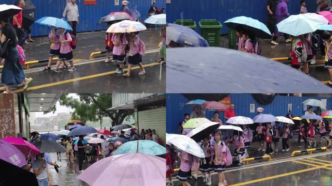 下雨天小学生雨伞家长冒雨接孩子实拍视频