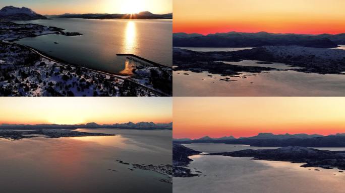 4K航拍挪威塞尼亚岛雪景晚霞自然风光