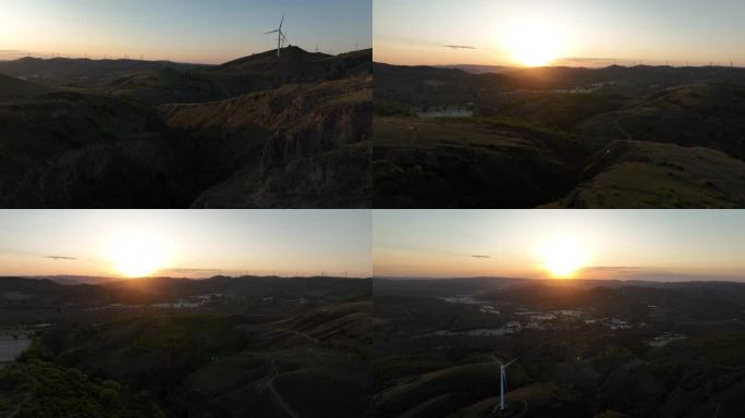 陕北 夕阳 山体 黄昏 日落 唯美 风车