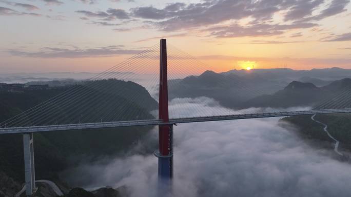龙里河大桥日出、逆光、平流雾素材（5K)