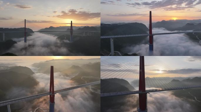龙里河大桥日出、逆光、平流雾素材（5K)