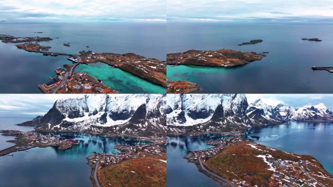 4K航拍挪威罗弗敦群岛城镇自然风光