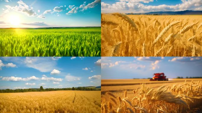 小麦麦田丰收农业粮食收割麦子麦粒麦苗航拍