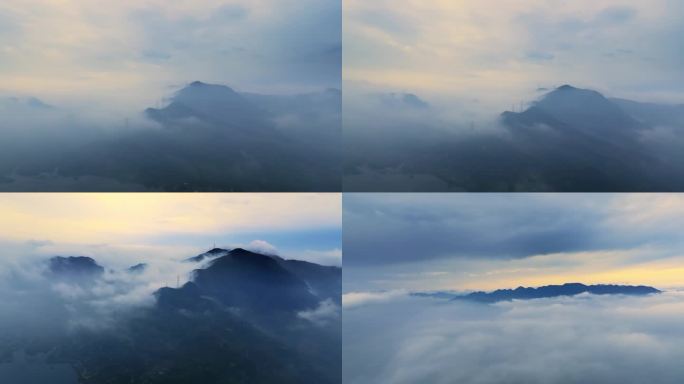 4K 航拍 云雾中的山与铁塔