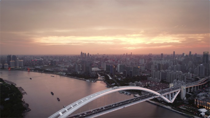 上海卢浦大桥日落晚霞夜景车流航拍长镜头