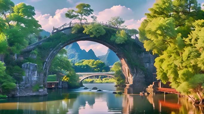 宁静河流石桥桥身长满树木形成天然绿色屏障
