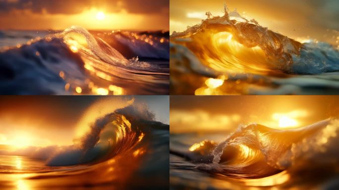 4K金色海浪 夕阳下的海洋 巨浪海浪翻滚