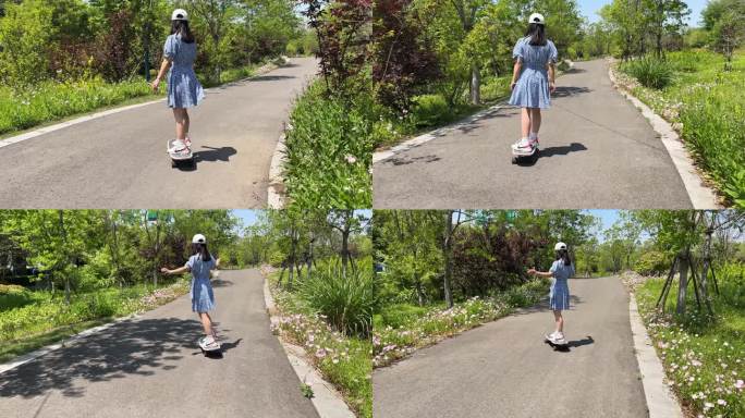一名戴着帽子的年轻少女在公园练习滑板