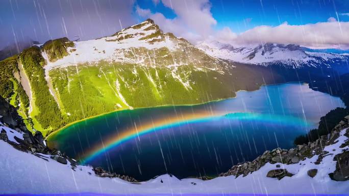 高山湖泊上空的彩虹与白雪皑皑的山峰