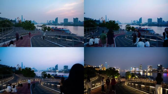 4K上海延时滨江骑行跑道日转夜游客拍照