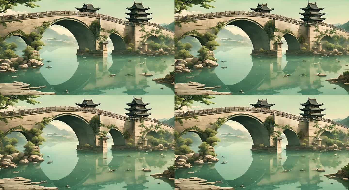 古代桥梁建筑古镇水流