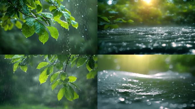 下雨天树叶子雨露露水雨滴唯美ai素材春天