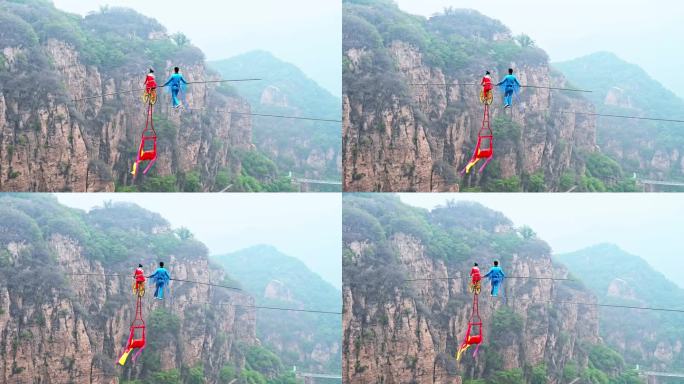 北京平谷区天云山风景区空中走钢丝杂技表演