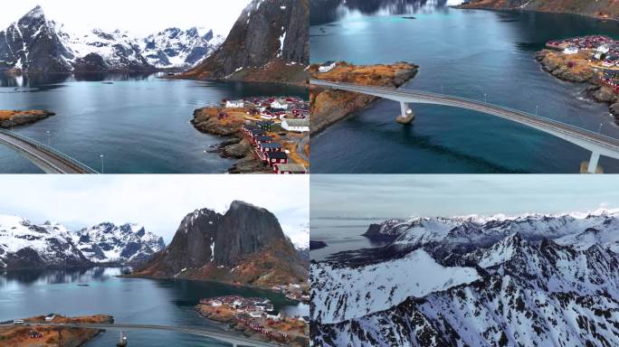 4K航拍北欧挪威罗弗敦群岛城镇风光