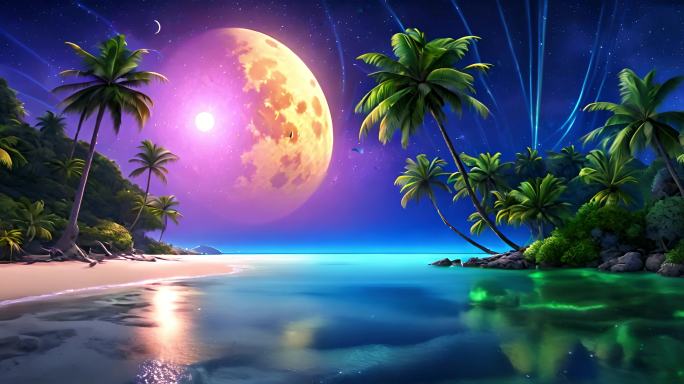 梦幻月夜海滩椰子树