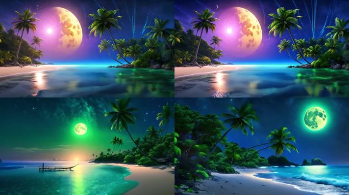 梦幻月夜海滩椰子树