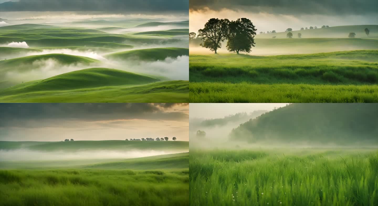 云雾中的草原绿地