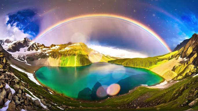 高山湖泊上空的彩虹周围是白雪皑皑的山峰