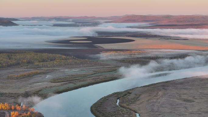 4K-Log-航拍额尔古纳河上的晨雾